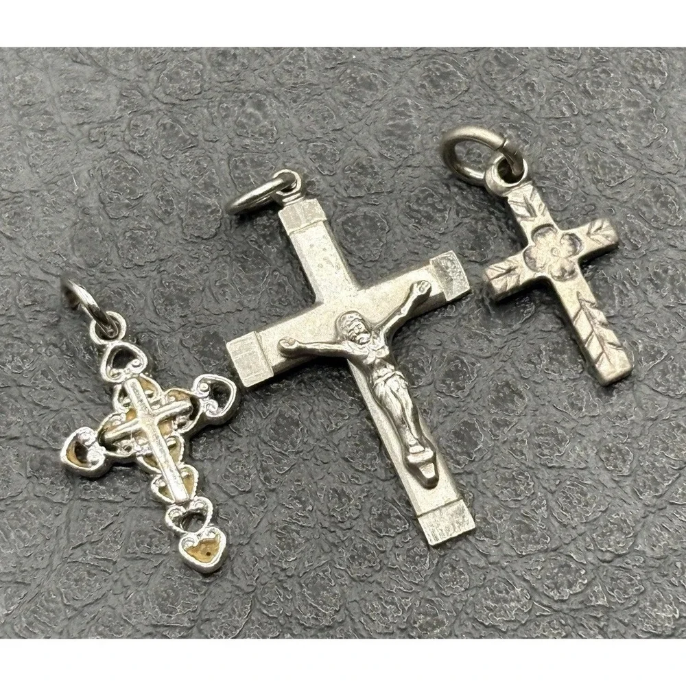 Lot of 3 Sterling Silver 925 Crucifix Cross Pendants Or Charms Religious Jewelry